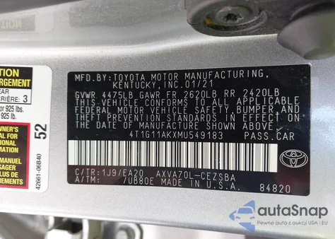 2021 Toyota Camry Se из США, поврежденный, VIN 4T1G11AKXMU549183